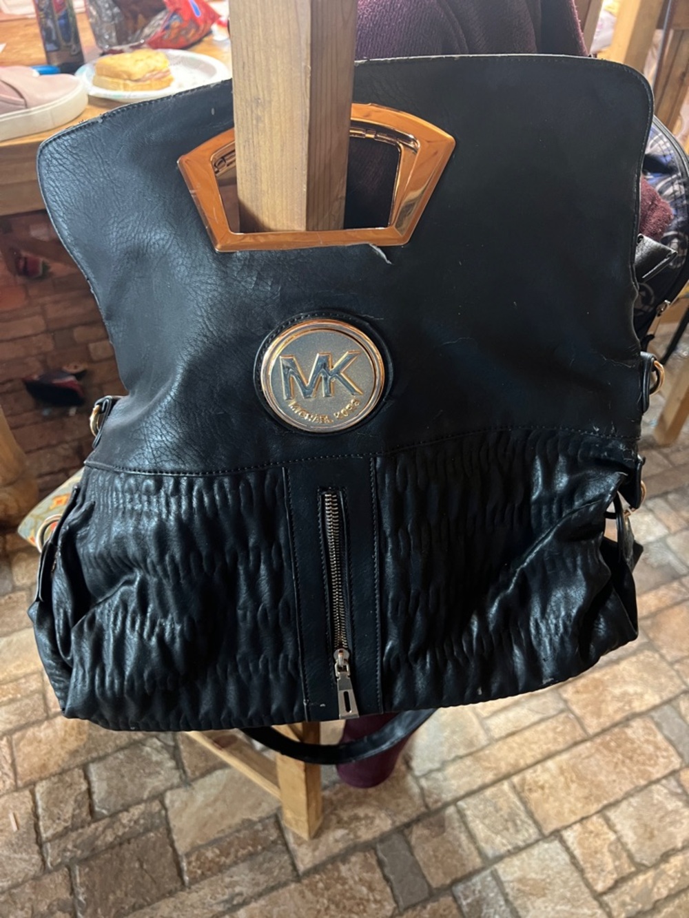 Michael Kors Black Leather Shoulder Bag with Gold Hardware
